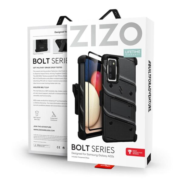 ZIZO BOLT Series - Pancerne etui Samsung Galaxy A02S ze szkłem 9H na ekran + uchwyt z podstawką (czarny)