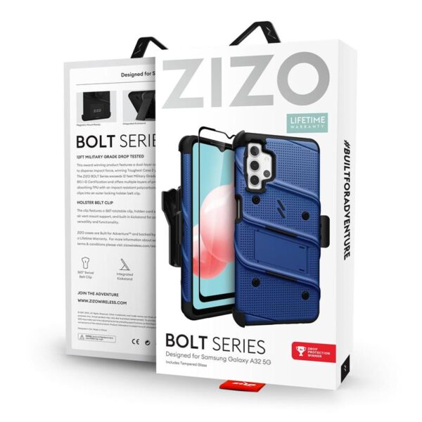 ZIZO BOLT Series - Pancerne etui Samsung Galaxy A32 5G ze szkłem 9H na ekran + uchwyt z podstawką (niebieski)