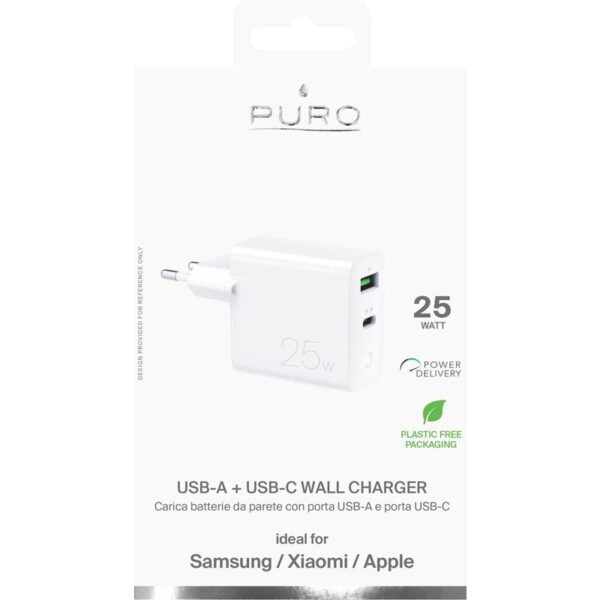 PURO Mini Fast Travel Charger - Ładowarka sieciowa USB-A + USB-C Power Delivery 25W (biały)