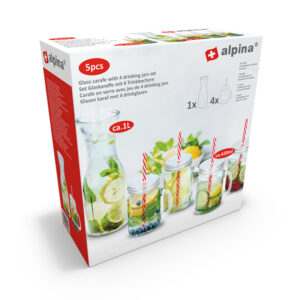 Alpina - zestaw szklanych słoików do napojów ze słomkami 4 szt. z karafką 1 l