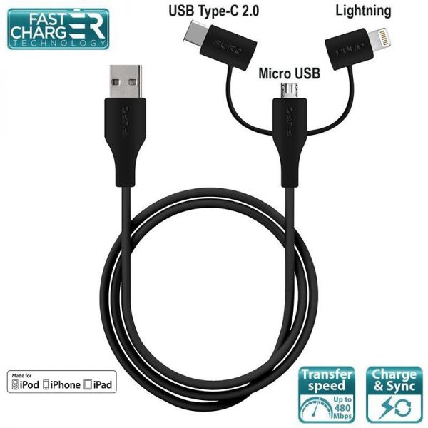 PURO Cable 3 in 1 - Kabel USB do ładowania & synchronizacji danych z trzema wtykami Micro USB & USB-C & Lightning MFi