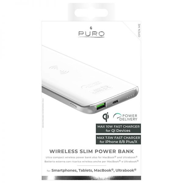 PURO Wireless Slim Power Bank - Power Bank 8000 mAh z ładowaniem indukcyjnym Qi do iPhone i Android