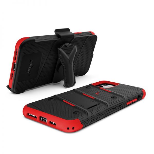 Zizo Bolt Cover - Pancerne etui iPhone 11 ze szkłem 9H na ekran + podstawka & uchwyt do paska (Black/Red)