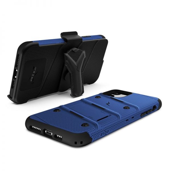 Zizo Bolt Cover - Pancerne etui iPhone 11 ze szkłem 9H na ekran + podstawka & uchwyt do paska (Blue/Black)