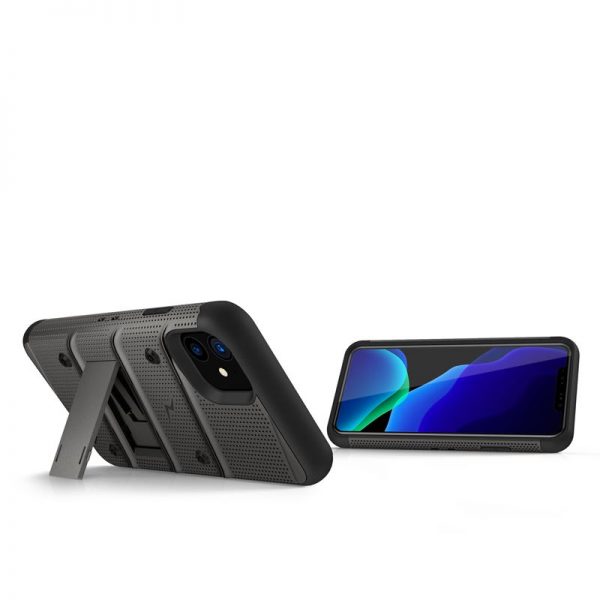Zizo Bolt Cover - Pancerne etui iPhone 11 ze szkłem 9H na ekran + podstawka & uchwyt do paska (Metal Gray/Black)