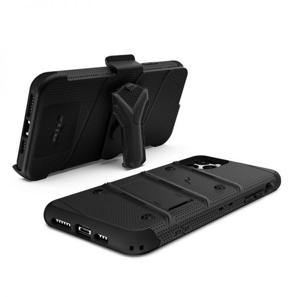 Zizo Bolt Cover - Pancerne etui iPhone 11 Pro Max ze szkłem 9H na ekran + podstawka & uchwyt do paska (Black/Black)