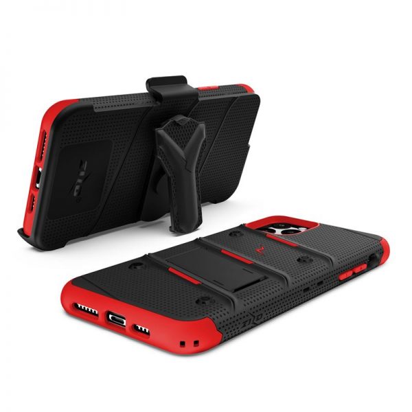 Zizo Bolt Cover - Pancerne etui iPhone 11 Pro Max ze szkłem 9H na ekran + podstawka & uchwyt do paska (Black/Red)