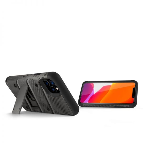Zizo Bolt Cover - Pancerne etui iPhone 11 Pro Max ze szkłem 9H na ekran + podstawka & uchwyt do paska (Metal Gray/Black)