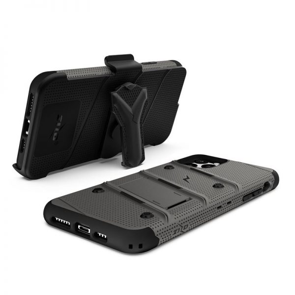 Zizo Bolt Cover - Pancerne etui iPhone 11 Pro Max ze szkłem 9H na ekran + podstawka & uchwyt do paska (Metal Gray/Black)