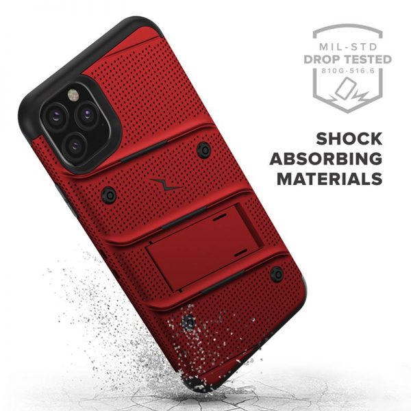 Zizo Bolt Cover - Pancerne etui iPhone 11 Pro Max ze szkłem 9H na ekran + podstawka & uchwyt do paska (Red/Black)