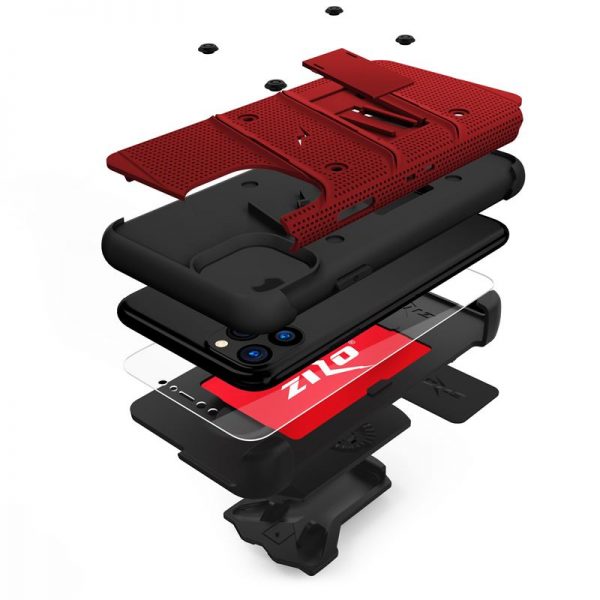 Zizo Bolt Cover - Pancerne etui iPhone 11 Pro Max ze szkłem 9H na ekran + podstawka & uchwyt do paska (Red/Black)