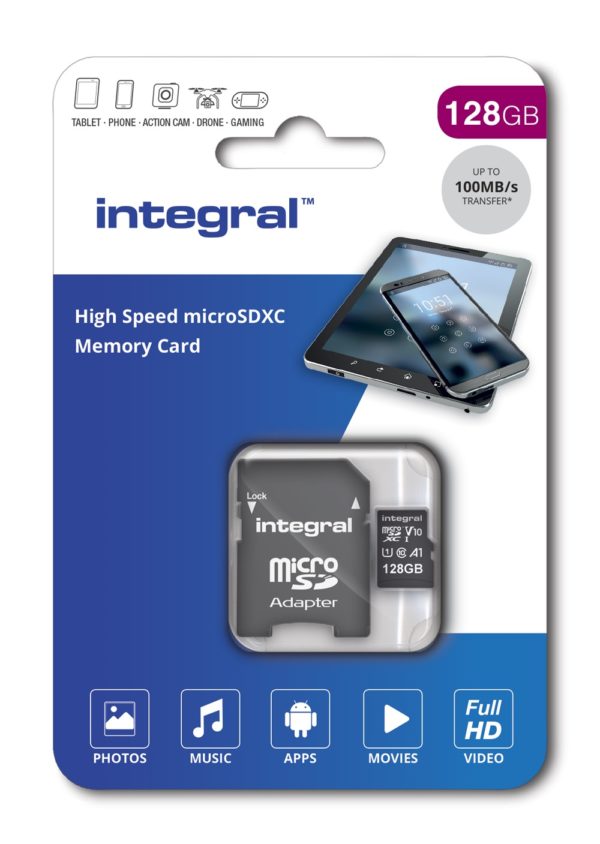 Integral High Speed - Karta pamięci 128 GB microSDXC/100 MB / s/ Class 10 UHS-I U1/ V10 + Adapter