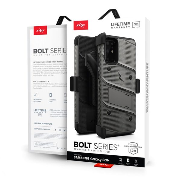 Zizo Bolt Cover - Pancerne etui Samsung Galaxy S20+ oraz podstawka & uchwyt do paska (Gun Metal Gray)
