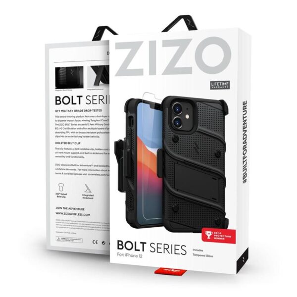 Zizo Bolt Cover - Pancerne etui iPhone 12 Mini ze szkłem 9H na ekran + podstawka & uchwyt do paska (czarny)