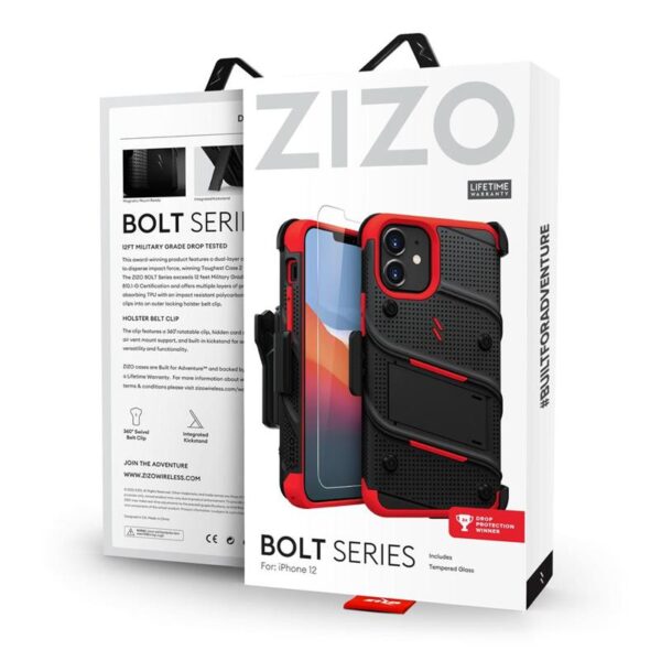 Zizo Bolt Cover - Pancerne etui iPhone 12 Mini ze szkłem 9H na ekran + podstawka & uchwyt do paska (czarny/czerwony)