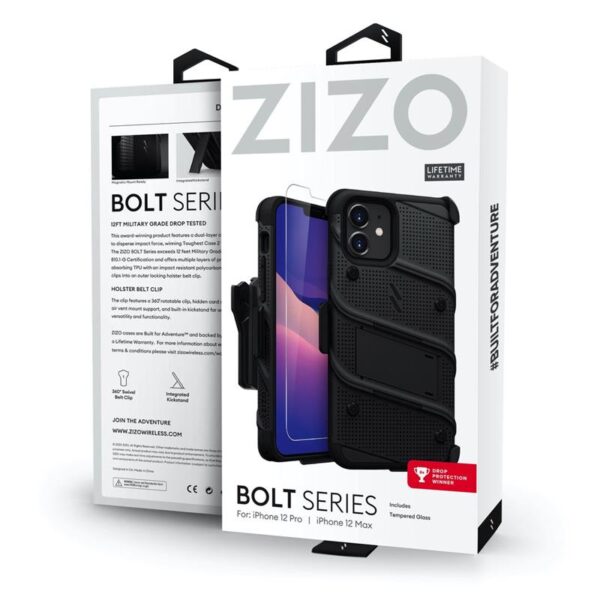 Zizo Bolt Cover - Pancerne etui iPhone 12 / iPhone 12 Pro ze szkłem 9H na ekran + podstawka & uchwyt do paska (czarny)