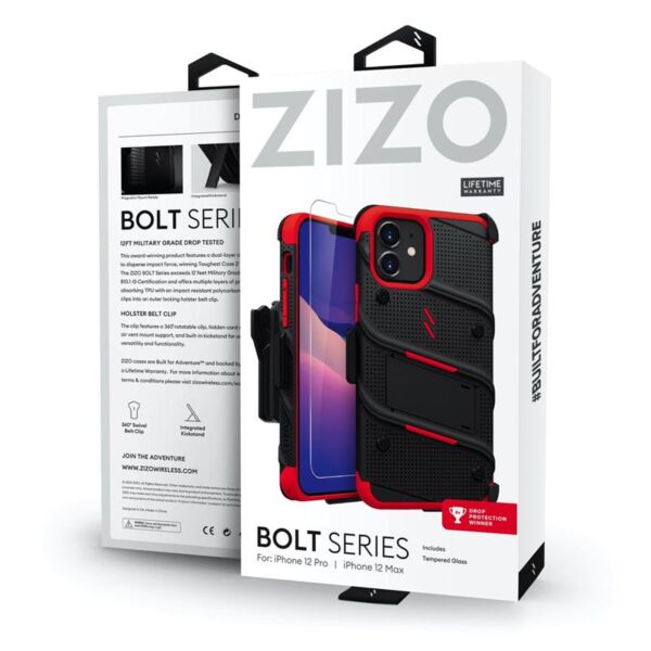Zizo Bolt Cover - Pancerne etui iPhone 12 / iPhone 12 Pro ze szkłem 9H na ekran + podstawka & uchwyt do paska (czarny/czerowny)
