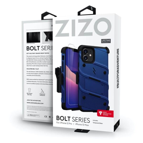 Zizo Bolt Cover - Pancerne etui iPhone 12 / iPhone 12 Pro ze szkłem 9H na ekran + podstawka & uchwyt do paska (niebieski/czarny)
