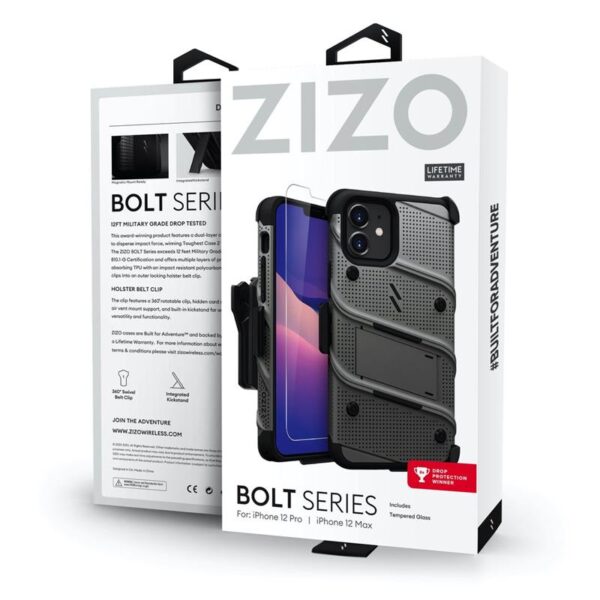 Zizo Bolt Cover - Pancerne etui iPhone 12 / iPhone 12 Pro ze szkłem 9H na ekran + podstawka & uchwyt do paska (szary)