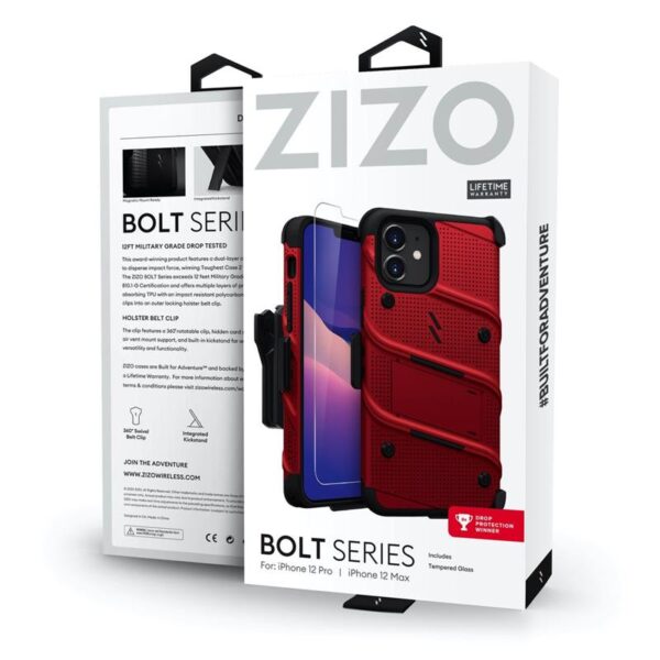 Zizo Bolt Cover - Pancerne etui iPhone 12 / iPhone 12 Pro ze szkłem 9H na ekran + podstawka & uchwyt do paska (czerwony/czarny)