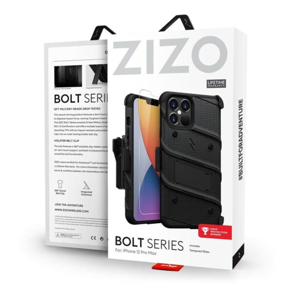 Zizo Bolt Cover - Pancerne etui iPhone 12 Pro Max ze szkłem 9H na ekran + podstawka & uchwyt do paska (czarny)
