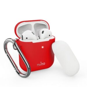 PURO ICON Case with hook - Etui Apple AirPods 1 & 2 generacji z dodatkową osłonką i karabińczykiem (Red + White Cap)