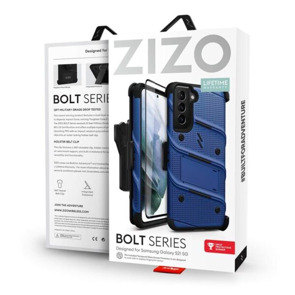 Zizo Bolt Cover - Pancerne etui Samsung Galaxy S21 5G ze szkłem 9H na ekran + podstawka & uchwyt do paska (niebieski/czarny)