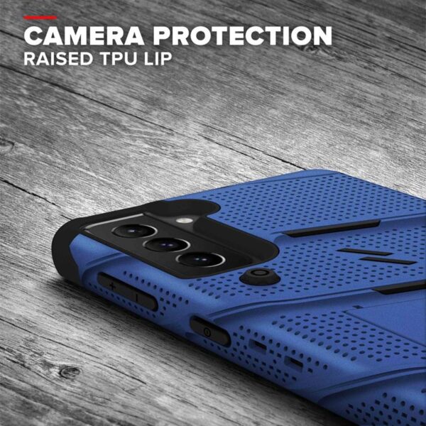 Zizo Bolt Cover - Pancerne etui Samsung Galaxy S21+ 5G ze szkłem 9H na ekran + podstawka & uchwyt do paska (niebieski/czarny)