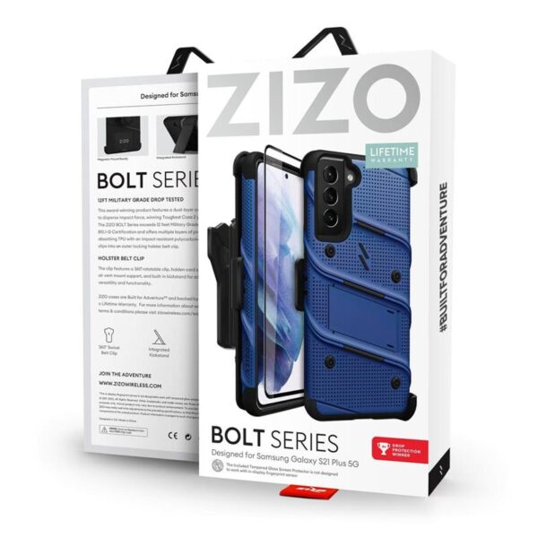 Zizo Bolt Cover - Pancerne etui Samsung Galaxy S21+ 5G ze szkłem 9H na ekran + podstawka & uchwyt do paska (niebieski/czarny)