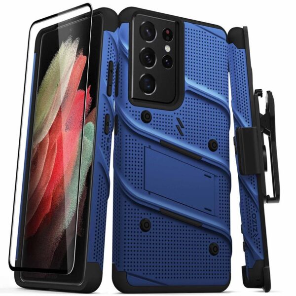 Zizo Bolt Cover - Pancerne etui Samsung Galaxy S21 Ultra 5G ze szkłem 9H na ekran + podstawka & uchwyt do paska (niebieski/czarny)