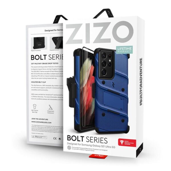 Zizo Bolt Cover - Pancerne etui Samsung Galaxy S21 Ultra 5G ze szkłem 9H na ekran + podstawka & uchwyt do paska (niebieski/czarny)