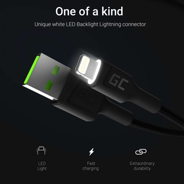 Green Cell Ray - Kabel Przewód USB - Lightning 120cm z białym podświetleniem LED