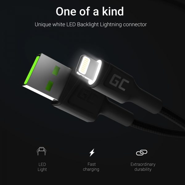 Green Cell Ray - Kabel Przewód USB - Lightning 200cm z białym podświetleniem LED