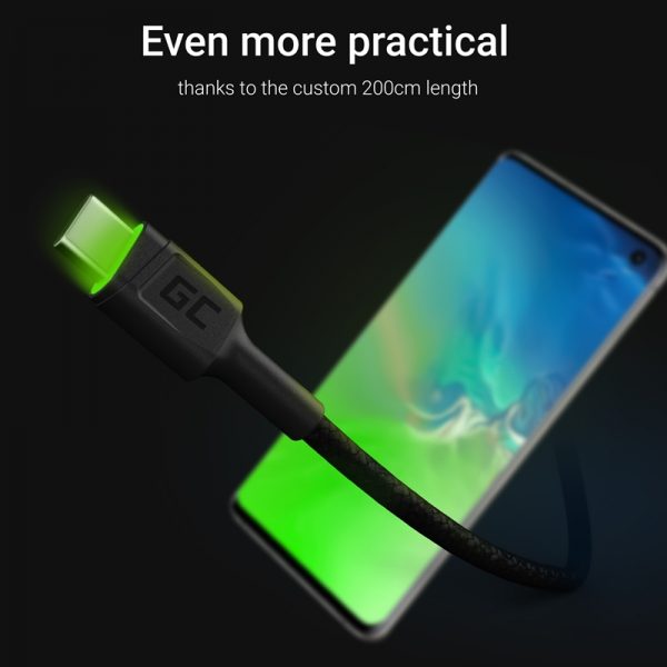 Green Cell Ray - Kabel Przewód USB - USB-C 200cm z zielonym podświetleniem LED