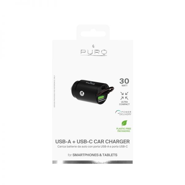 PURO Mini Car Fast Charger – Ładowarka samochodowa 1 x USB-A + 1 x USB-C Power Delivery 30 W (czarny)