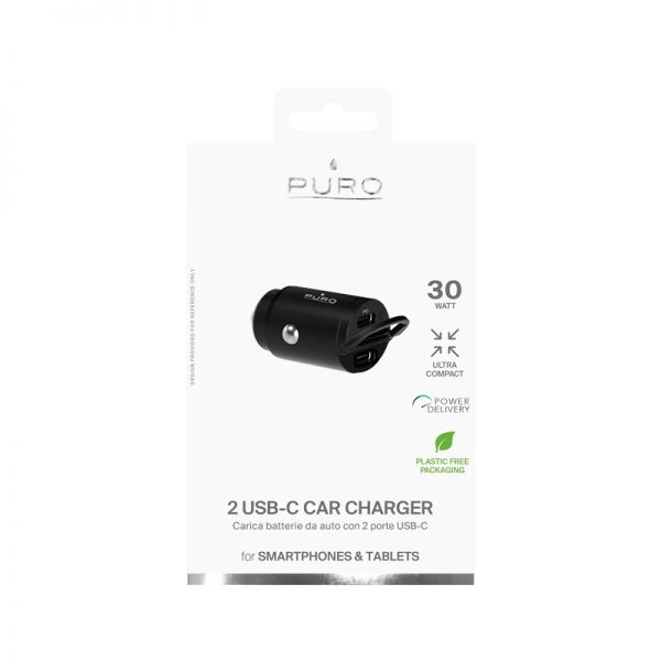 PURO Mini Car Fast Charger – Ładowarka samochodowa 2 x USB-C Power Delivery 30 W (czarny)