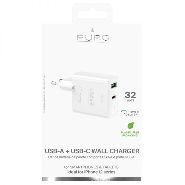 PURO Mini Fast Travel Charger - Ładowarka sieciowa USB-A + USB-C Power Delivery 32W (biały)