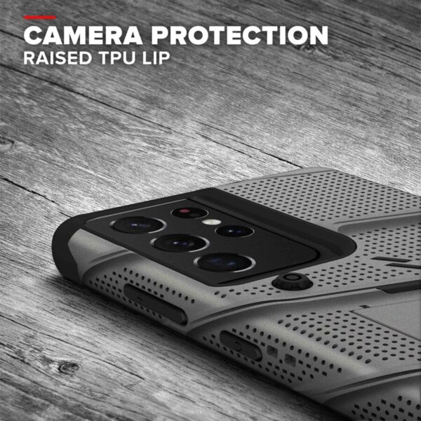 ZIZO BOLT Series - Pancerne etui Samsung Galaxy S21 Ultra 5G ze szkłem 9H na ekran + uchwyt z podstawką (Gun Metal Gray)