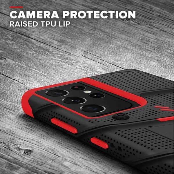 ZIZO BOLT Series - Pancerne etui Samsung Galaxy S21 Ultra 5G ze szkłem 9H na ekran + uchwyt z podstawką (Black & Red)