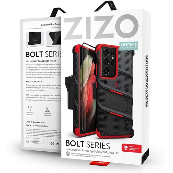 ZIZO BOLT Series - Pancerne etui Samsung Galaxy S21 Ultra 5G ze szkłem 9H na ekran + uchwyt z podstawką (Black & Red)