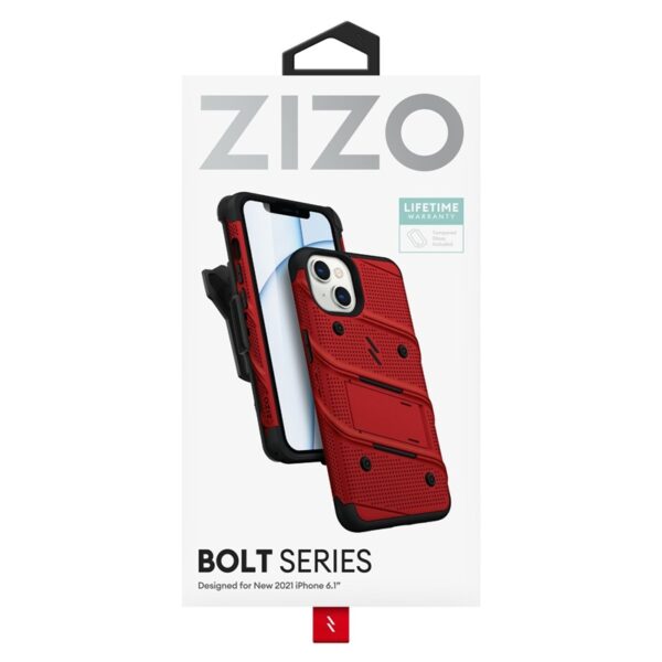 ZIZO BOLT Series - Pancerne etui iPhone 13 ze szkłem 9H na ekran + uchwyt z podstawką (czerwony)