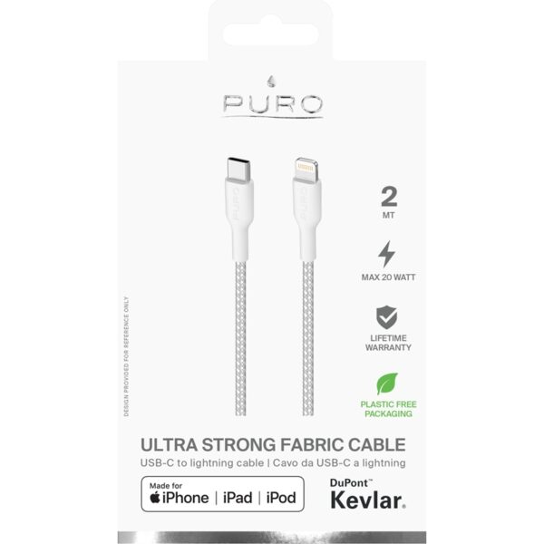 PURO Fabric Ultra Strong - Kabel w oplocie heavy duty USB-C / Lightning MFi 2m (biały)